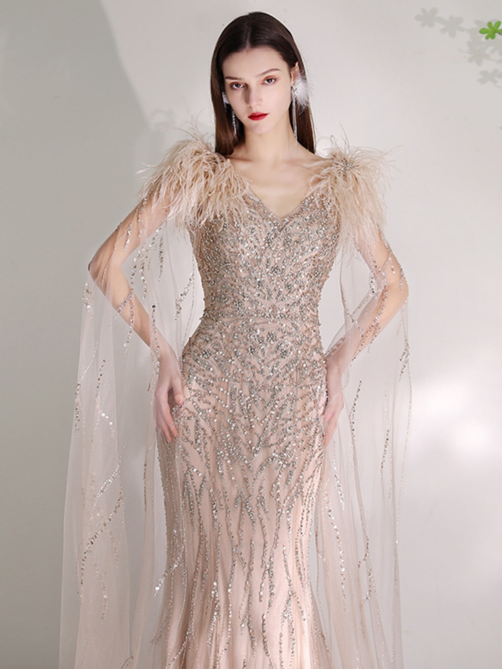 Summer Champagne Organza Deep V-Neck Dress with Zipper, XS-2XL