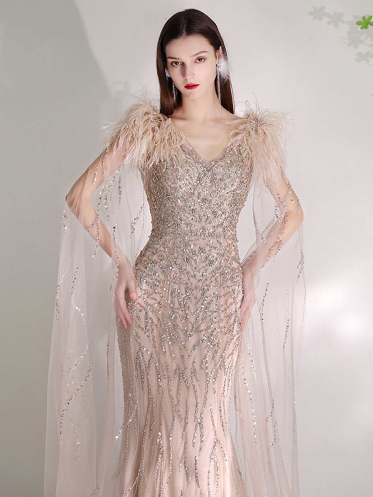 Summer Champagne Organza Deep V-Neck Dress with Zipper, XS-2XL
