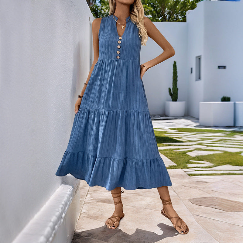 Blue Pleated Sleeveless Stand Collar Dress Mid-Length