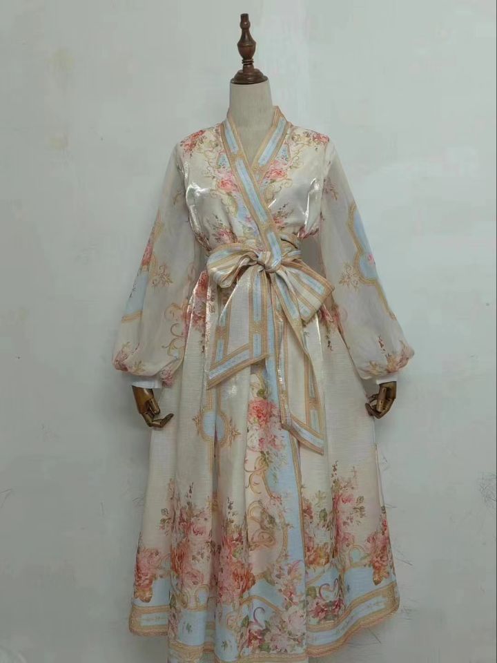 Women's Waist-Controlled Stylish Dress with Lantern Sleeves in Pink, Blue, Green S-XL