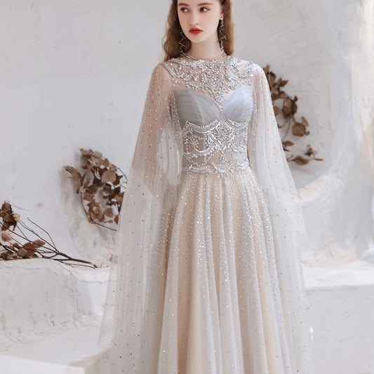 New Gray Floor Length Shawl Evening Dress