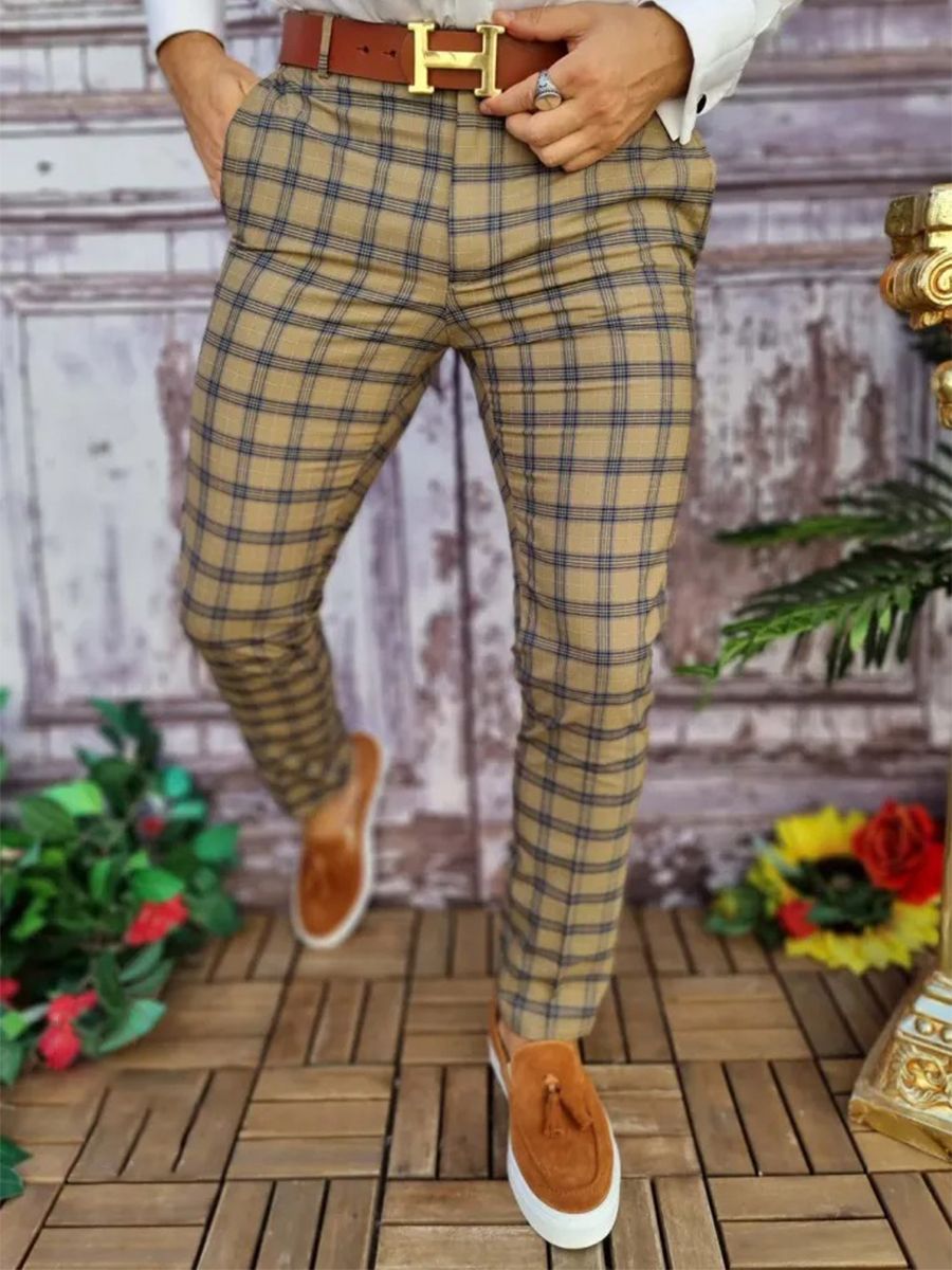Autumn Men's Plaid Casual Suit Pants Straight Fit