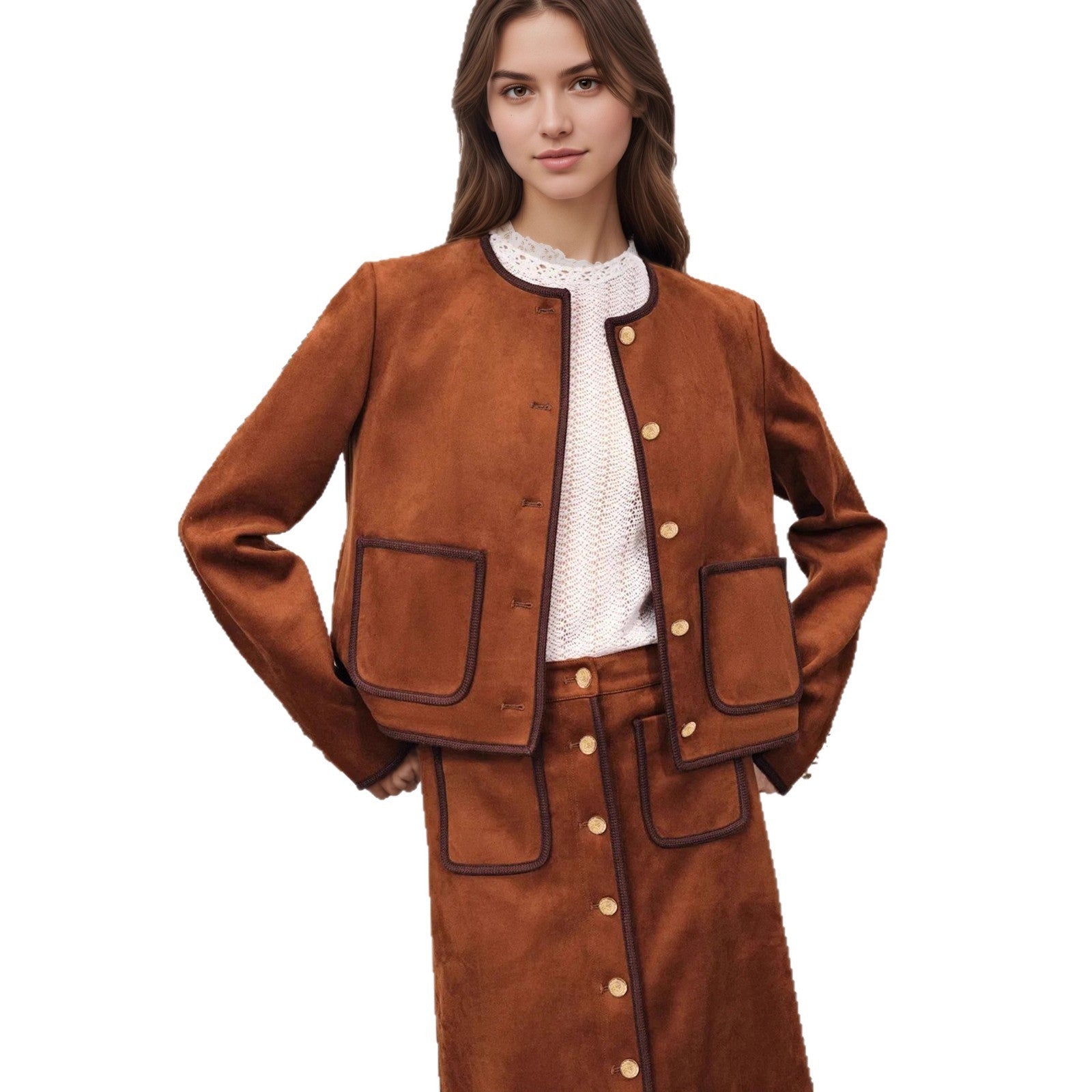 Long-Sleeve Color-Block Trim Short Coat - Slim Fit, Red-Brown