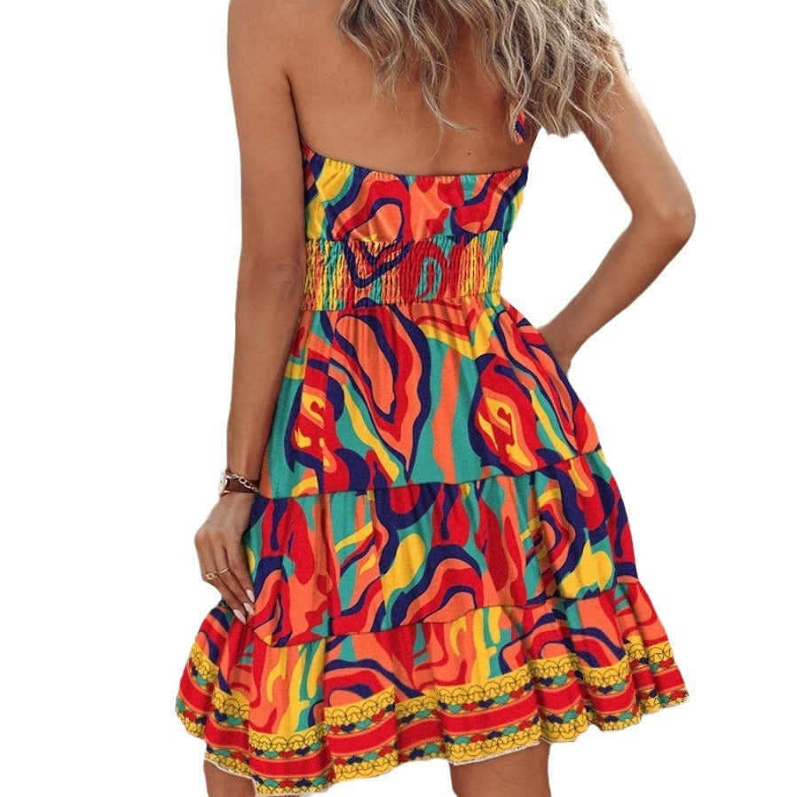 Summer European & American Printed Halter Women's Dress