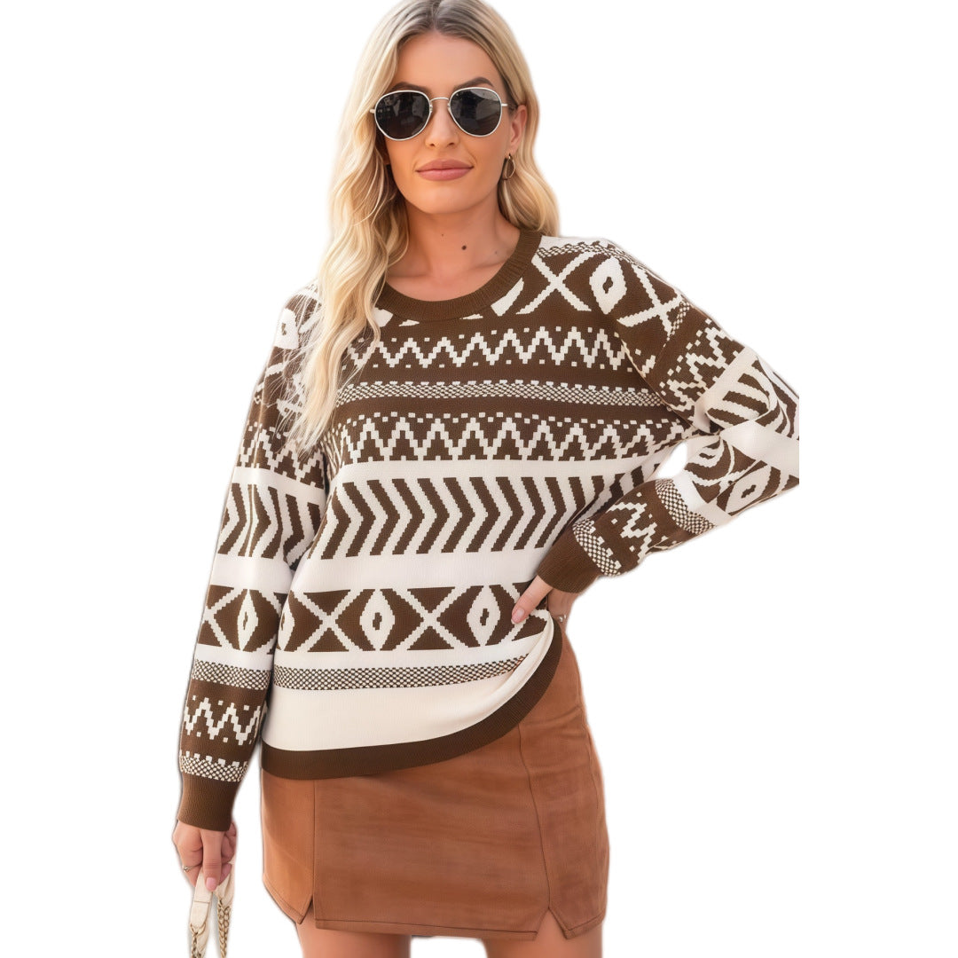 Pull en maille à manches longues et col rond au style intellectuel unique