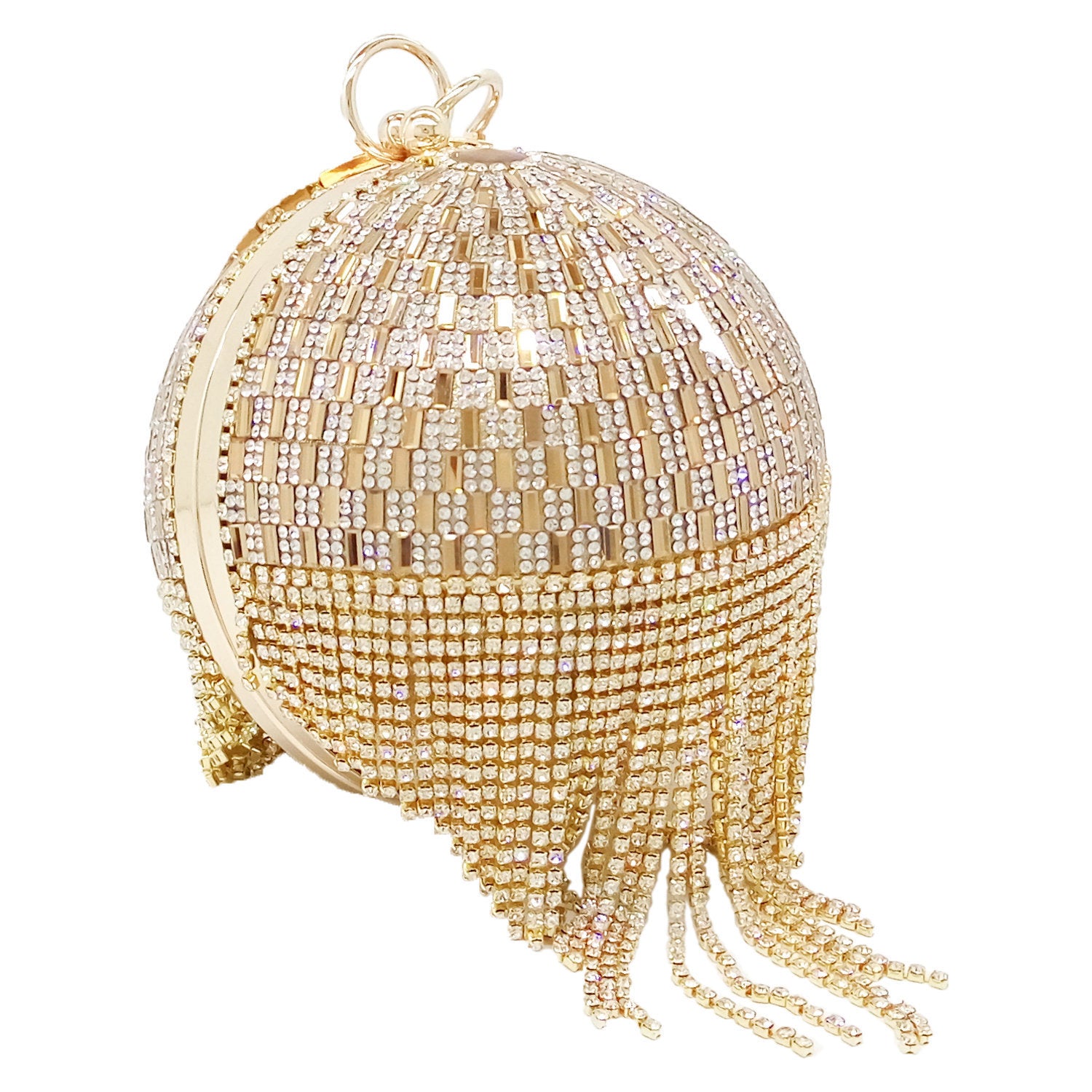Small Round Tassel Tote Bag with Rhinestones and Chain Handle