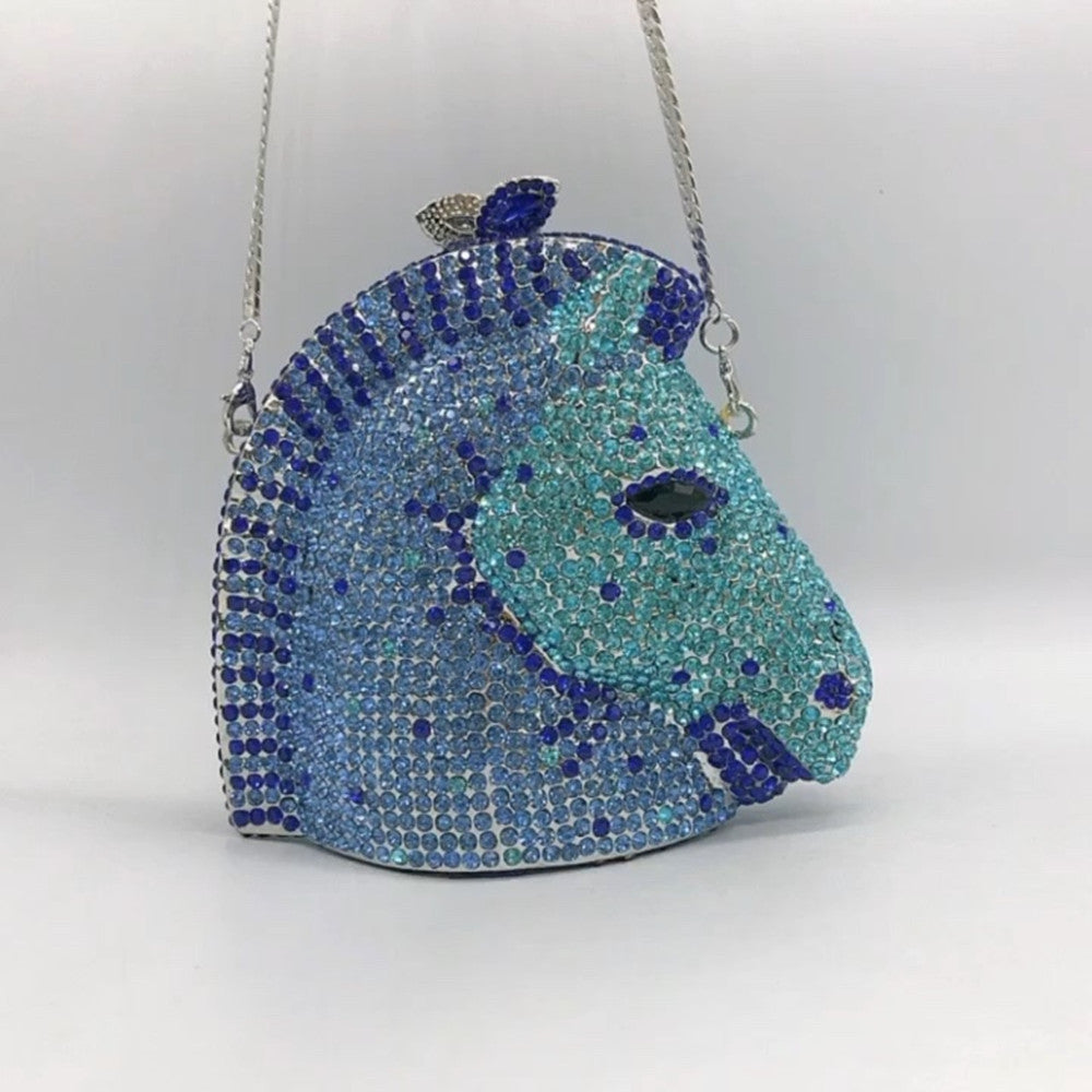 Blue Horse Head Diamond Inlaid PU Dinner Bag 14x12x8cm