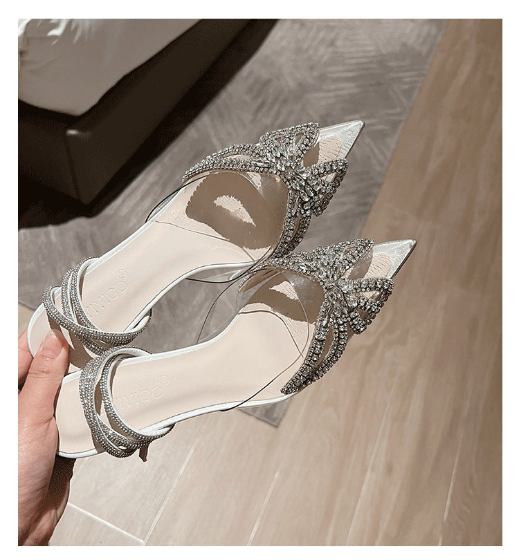 Sandales à talons aiguilles papillon en strass argentées pour femme pour robe de soirée