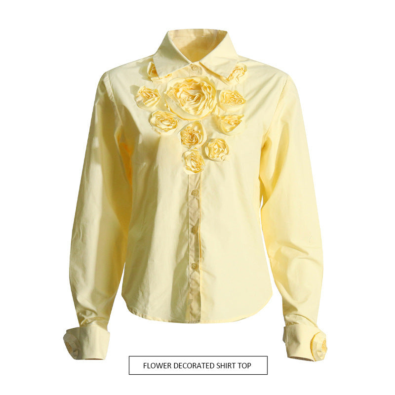 Women's Floral Stitching Polo Collar Top with 3D Decoration