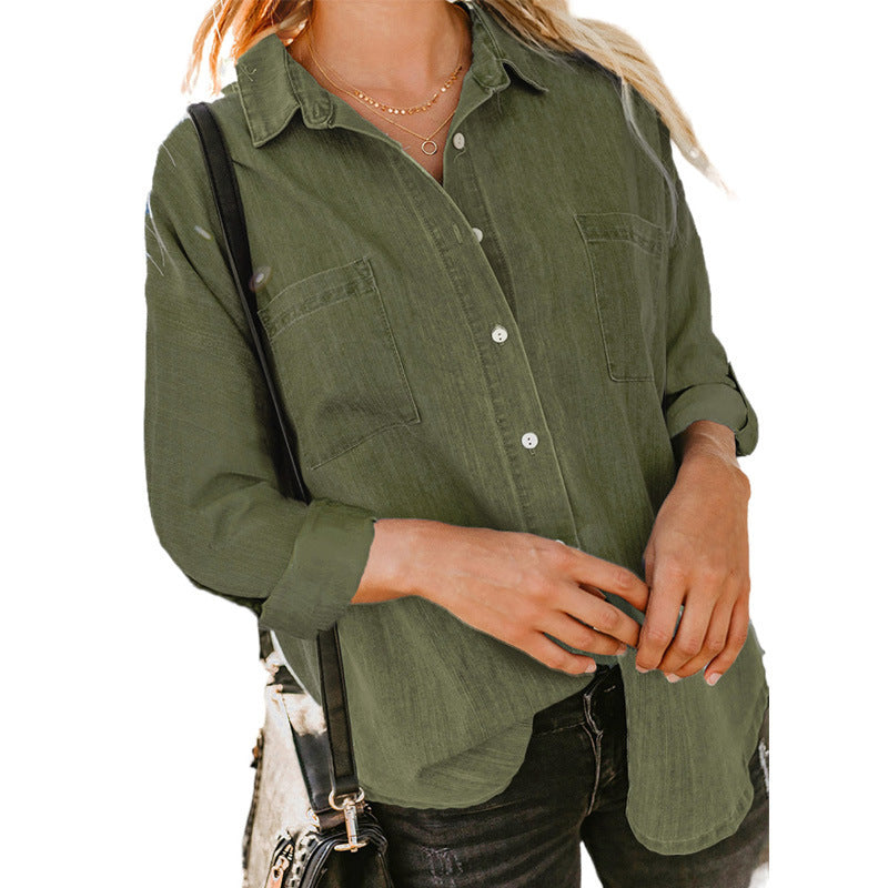 Chemise en jean décontractée ample en polyester pour femme