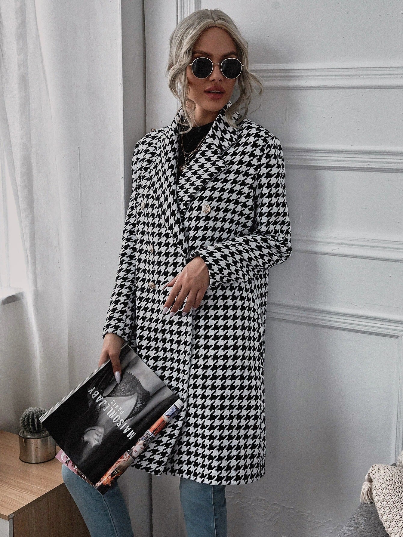 Winter Mid-Length Houndstooth Double-Breasted Casual Coat