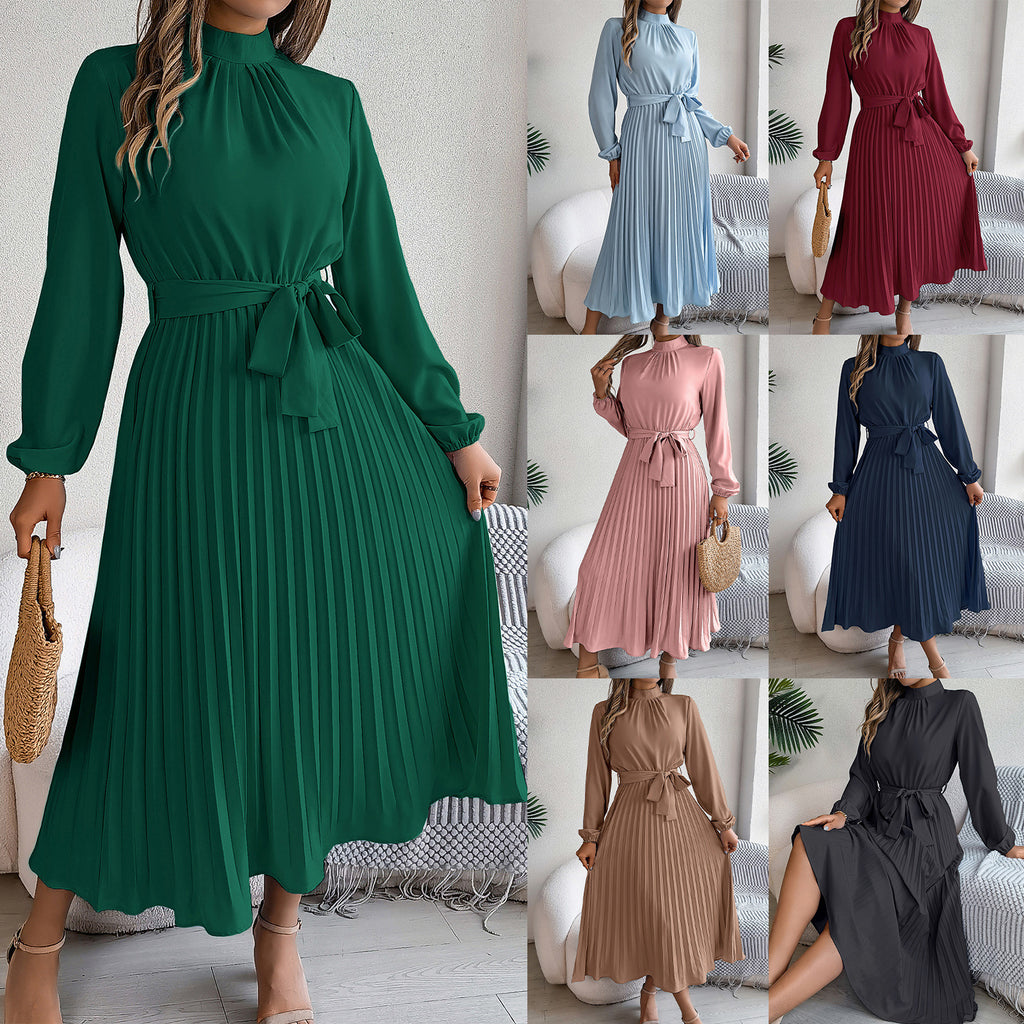Stand Collar Long Sleeve Cinched Pleated Dress