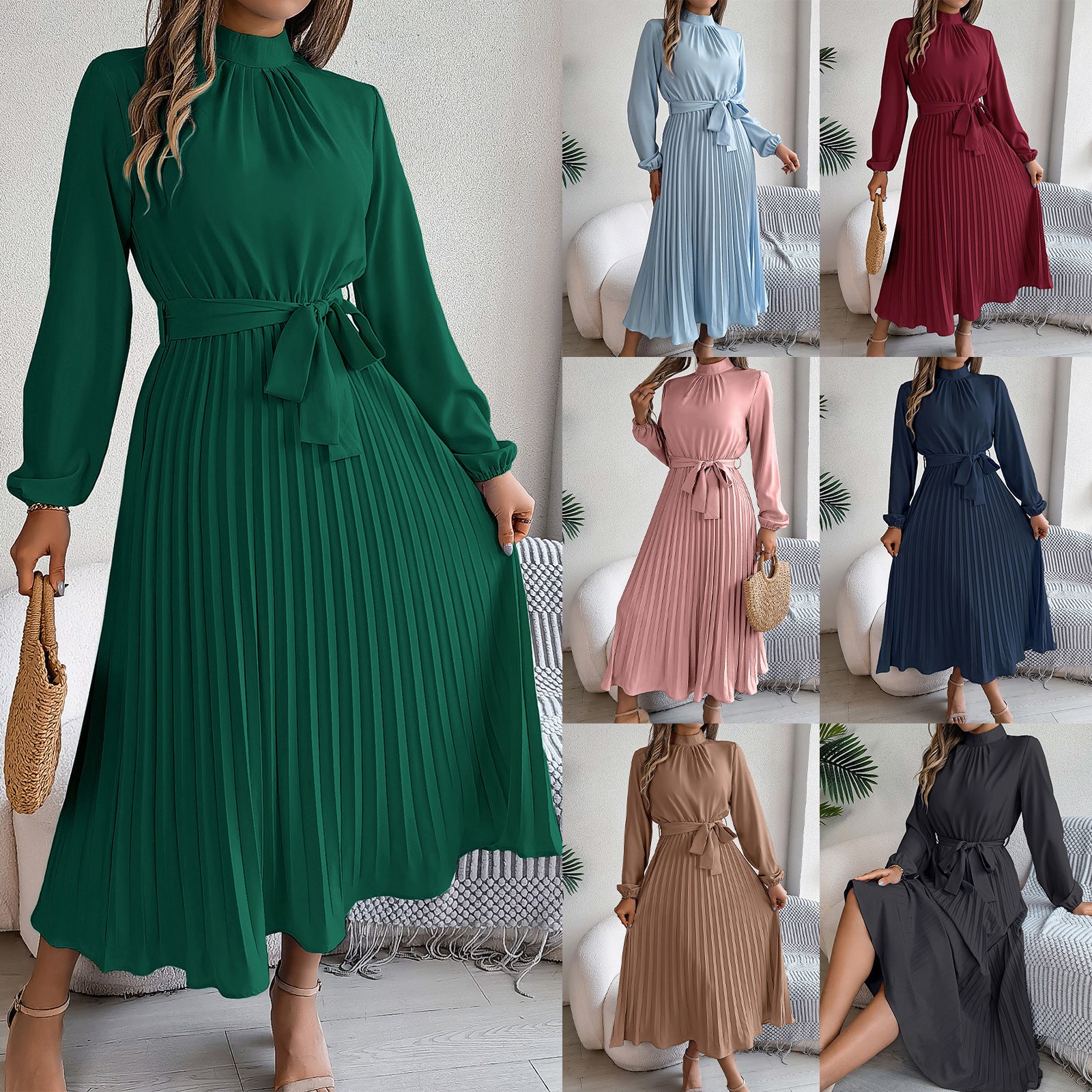 Stand Collar Long Sleeve Cinched Pleated Dress