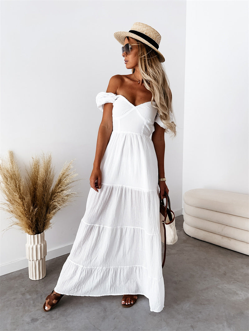 Short Sleeve Solid Color Lace-up High Waist Dress