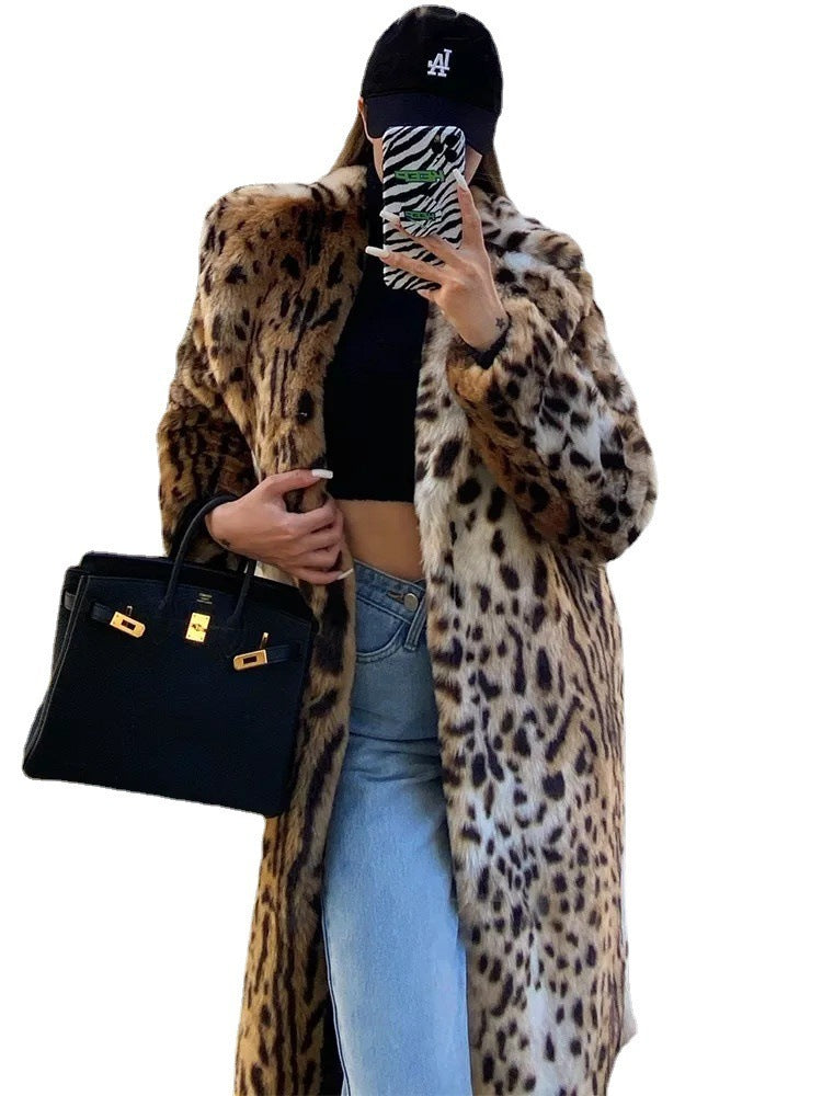 Women's Fashion Leopard Print Suit Collar Furry Coat