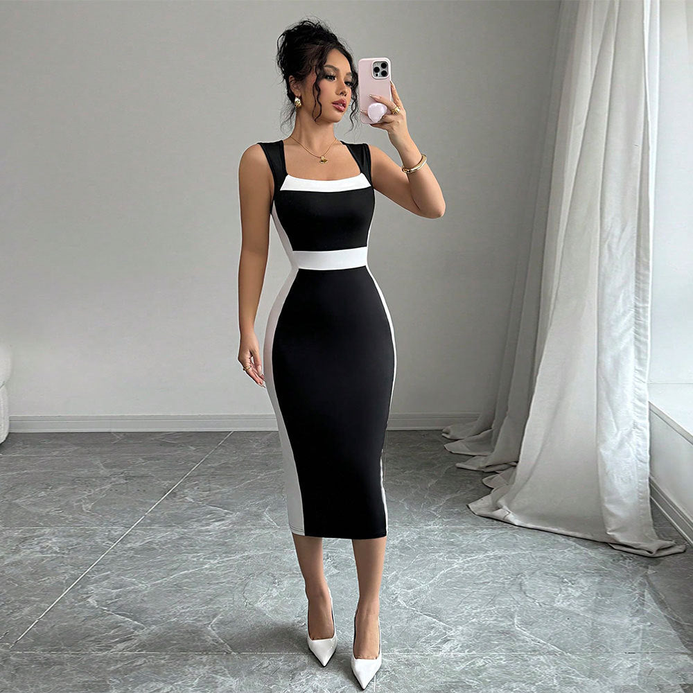 Robe longue color block à col carré et à fines bretelles pour femme