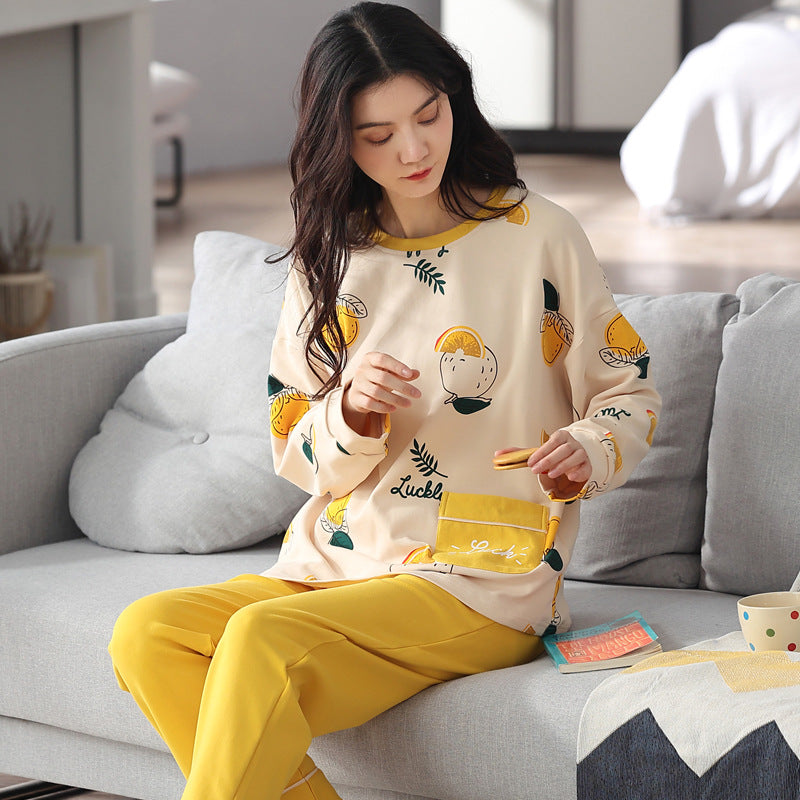 Ensemble de pyjama en coton mélangé imprimé ample pour femme - Haut à manches longues et pantalon - Vêtements de nuit et de détente pour automne et hiver