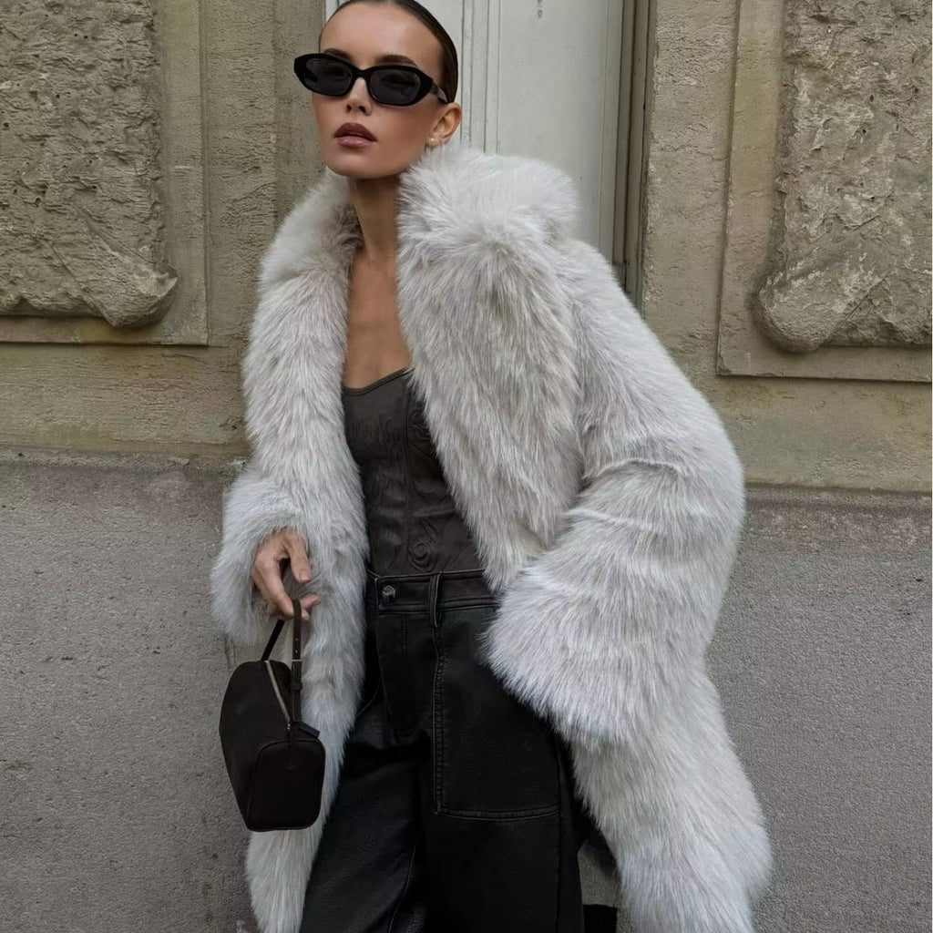 Women’s Thick Artificial Fur Warm Coat with Fur Collar