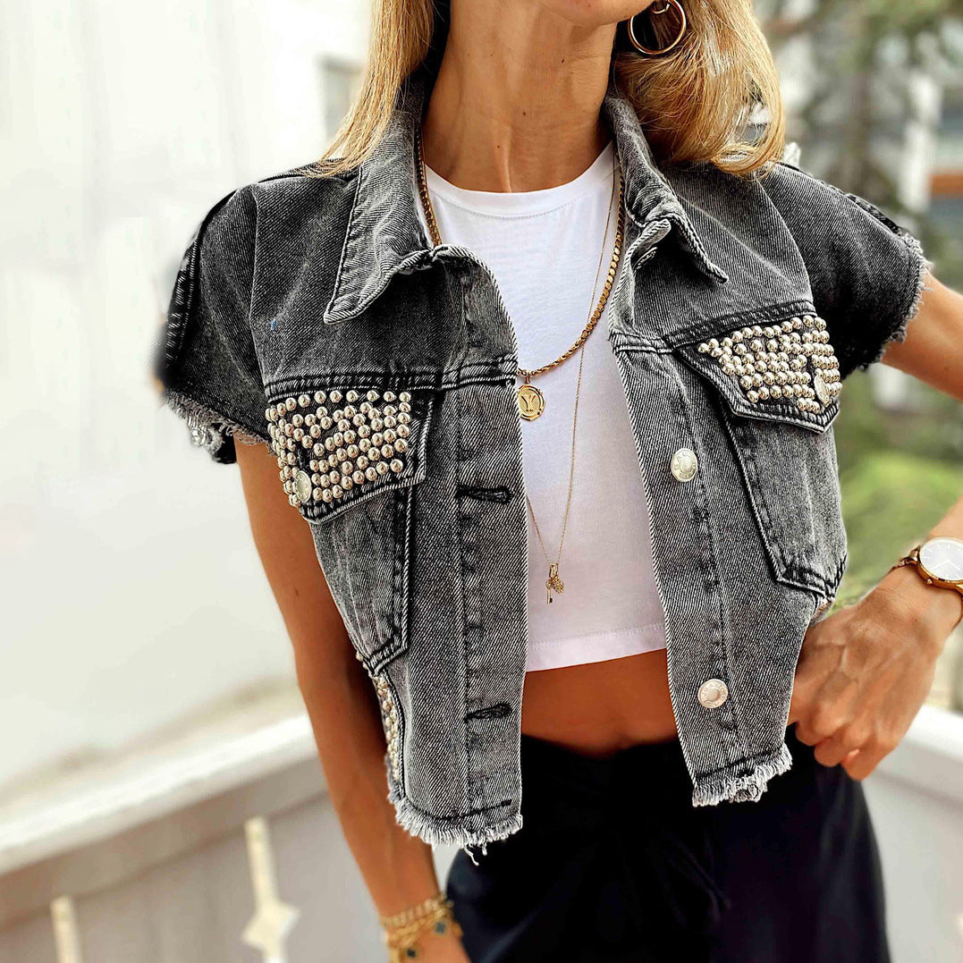 Trendy Cropped Denim Coat Outerwear in Light Blue & Gray, Sizes S-XL