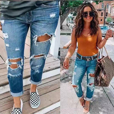 Jean denim bleu déchiré pour femme, taille mi-haute, pantalon crayon usé