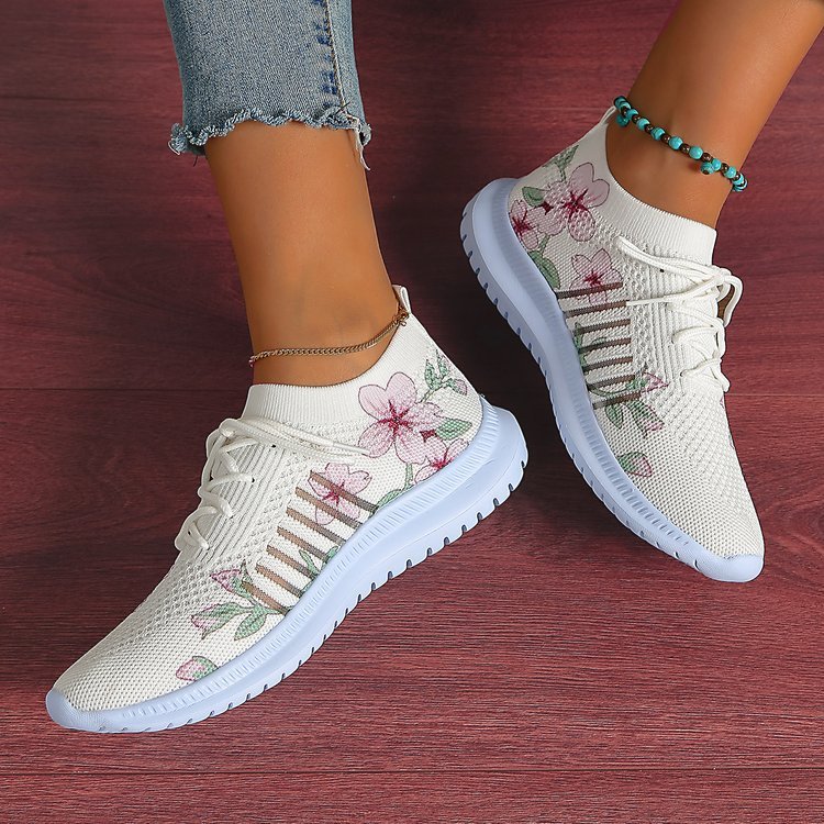 Women's Milky White Mesh Flyknit Casual Running Shoes Flat Heel