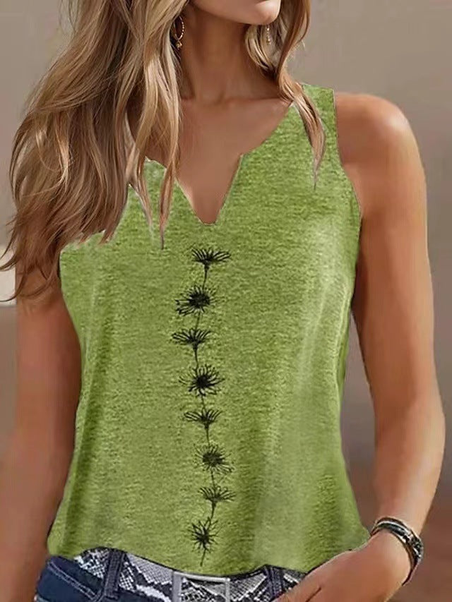 Casual Loose V-Neck Sleeveless S Print T-Shirt for Women