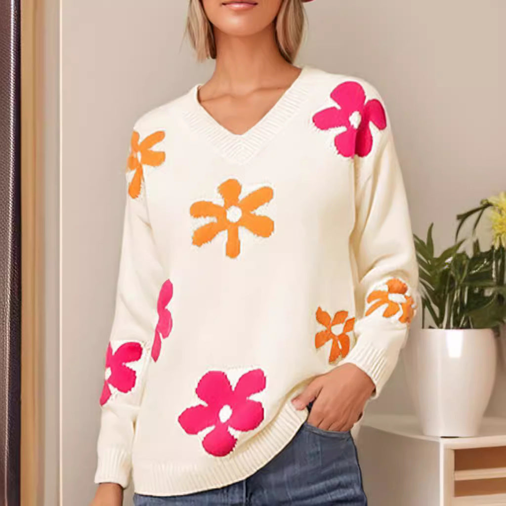 Haut en maille à manches longues et col en V motif floral abricot pour femme