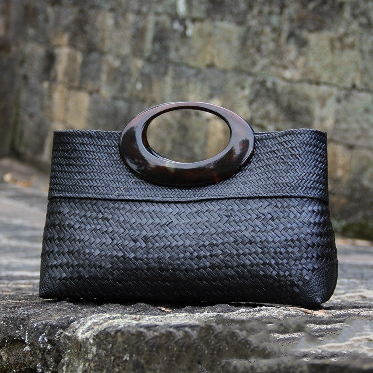Handmade Black Straw Rattan Women's Handbag 37CM