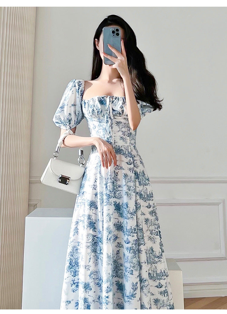 Vintage Floral Square Collar Puff Sleeve Dress in Sky Blue