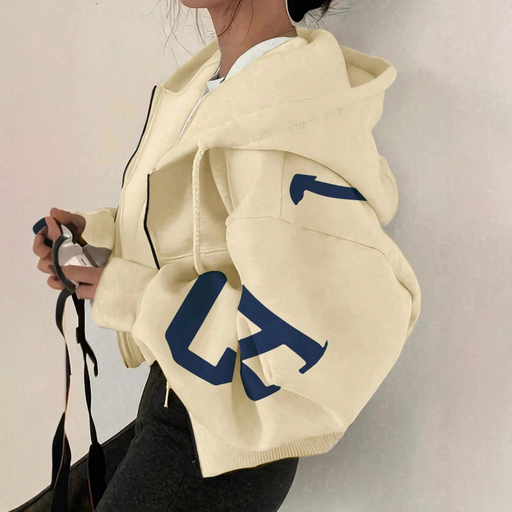 Women’s Long-Sleeve Zip-Up Casual Sweatshirt with Printed Design
