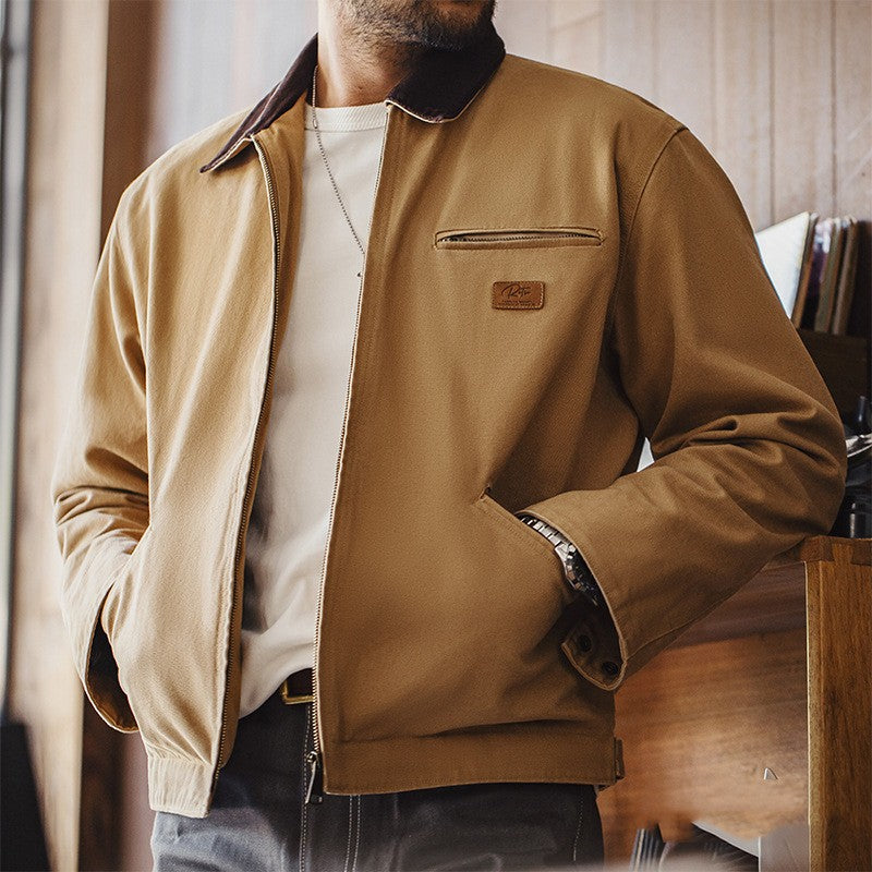 Manteau d'automne pour homme en toile de coton noire à col rabattu
