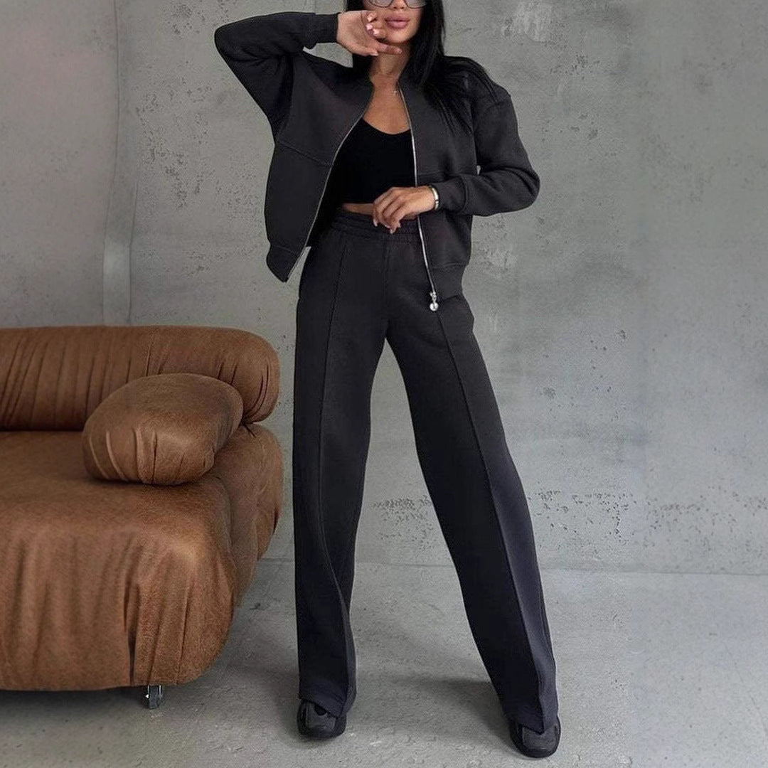 Women's Two-Piece Sports Suit Zipper Jacket & Wide Leg Pants
