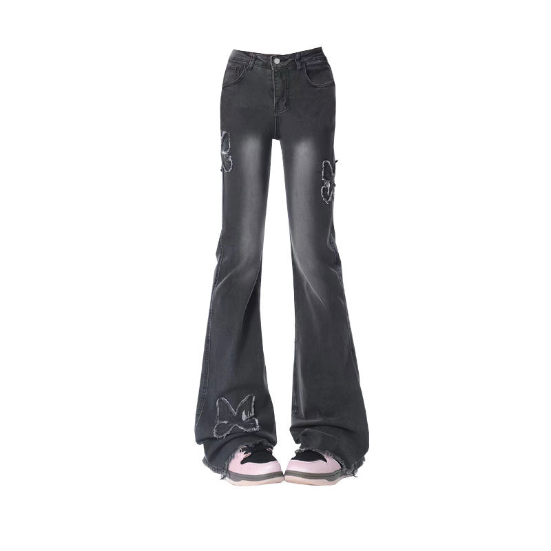 Vintage Embroidered Butterfly High-Waist Denim Jeans Straight & Wide Leg Pants