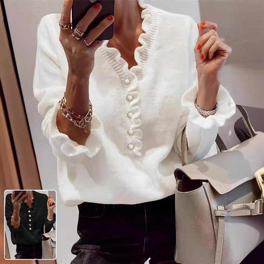 Women’s Winter V-Neck Ruffled Knitted Pullover Sweater Long Sleeve