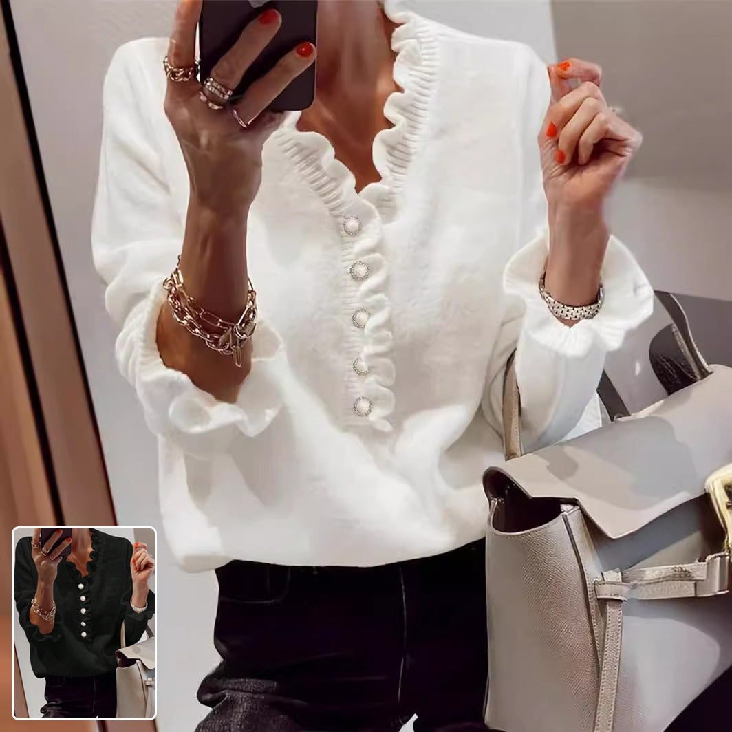 Women’s Winter V-Neck Ruffled Knitted Pullover Sweater Long Sleeve