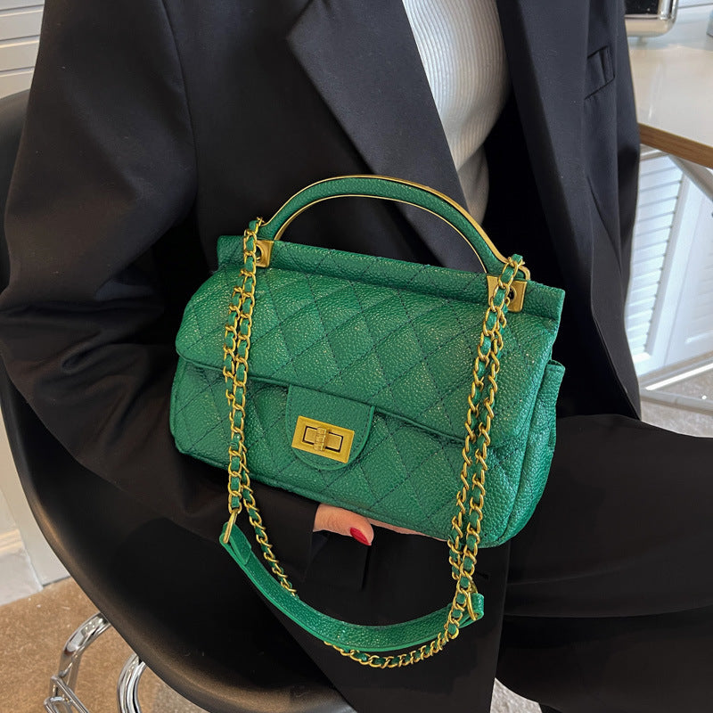 Rhombus Chain Small Square PU Bag in Black, Beige & Green