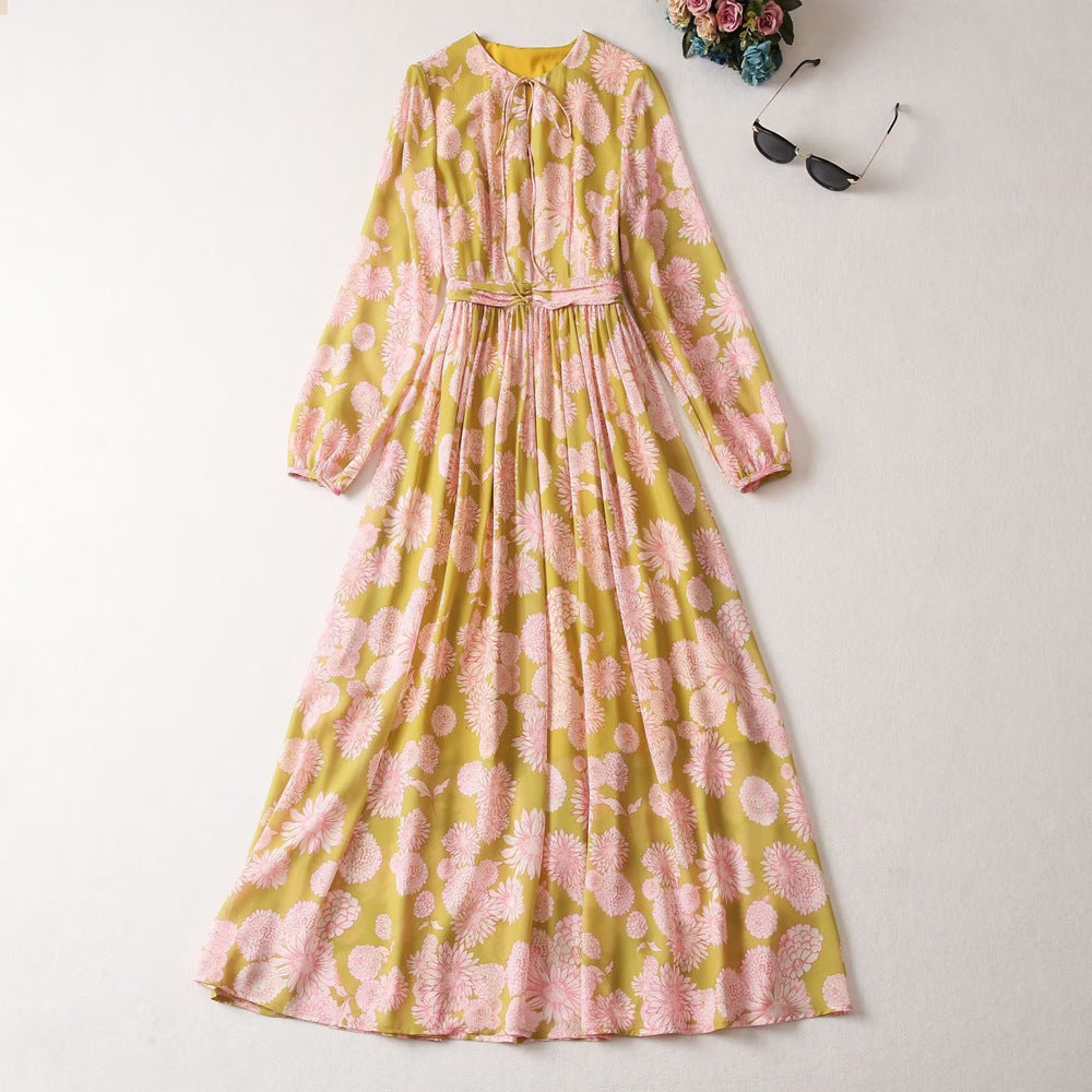 Robe longue femme à col rond, manches lanternes et ceinture à nouer