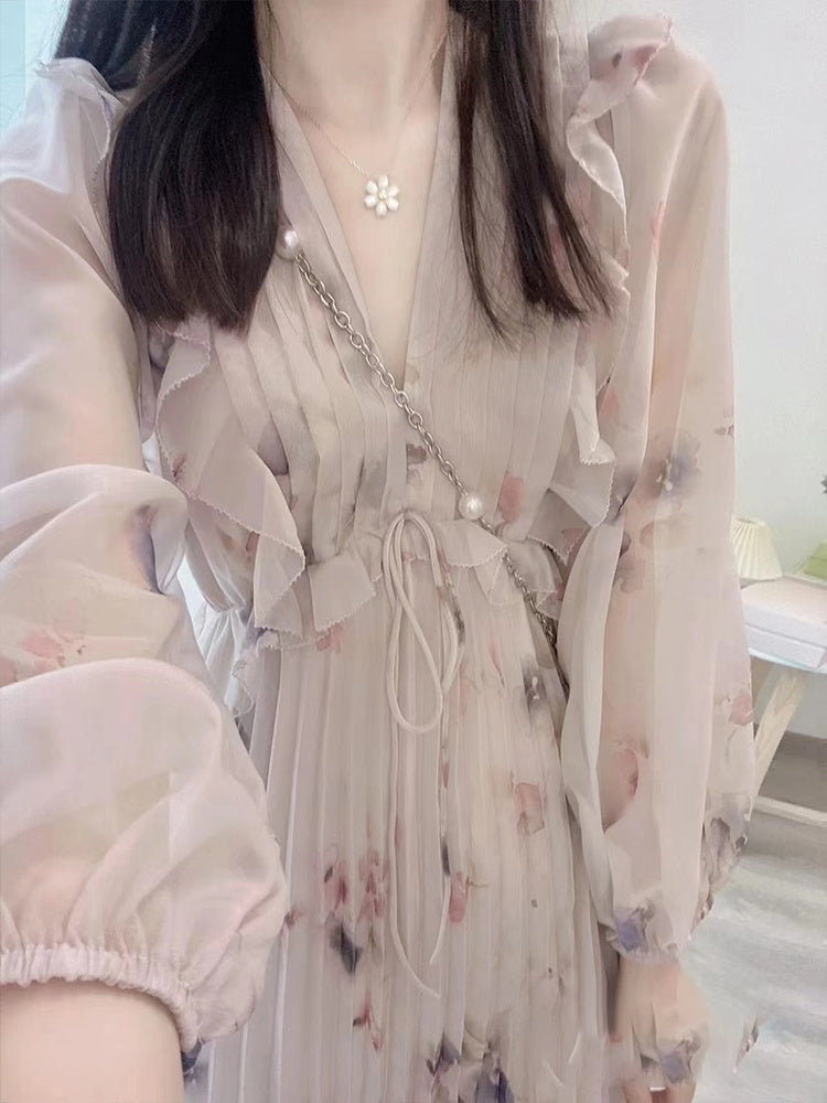 Pink French Chiffon Floral Dress For Women