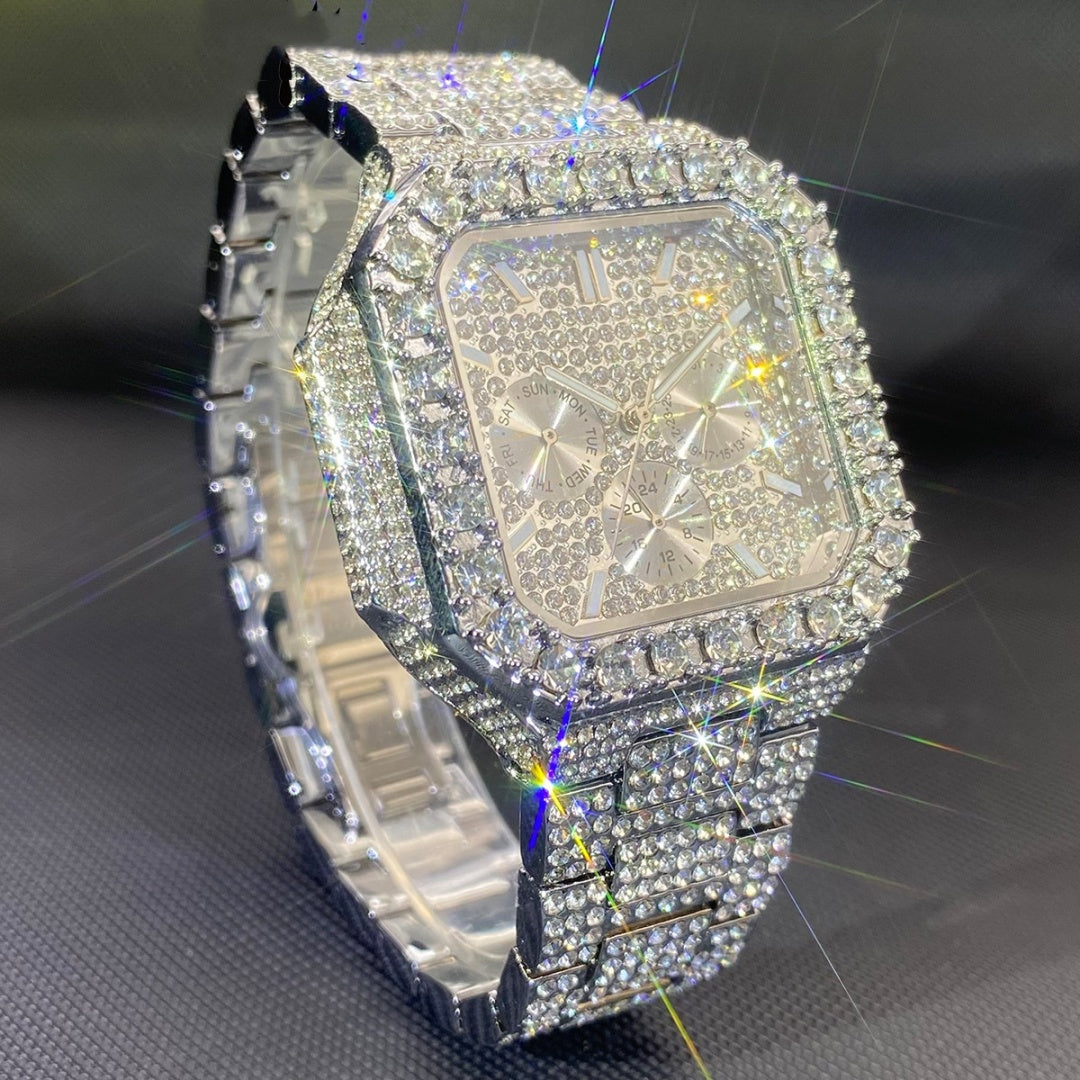 Montre carrée hip-hop pour homme incrustée de diamants – Or et argent, multifonctionnelle