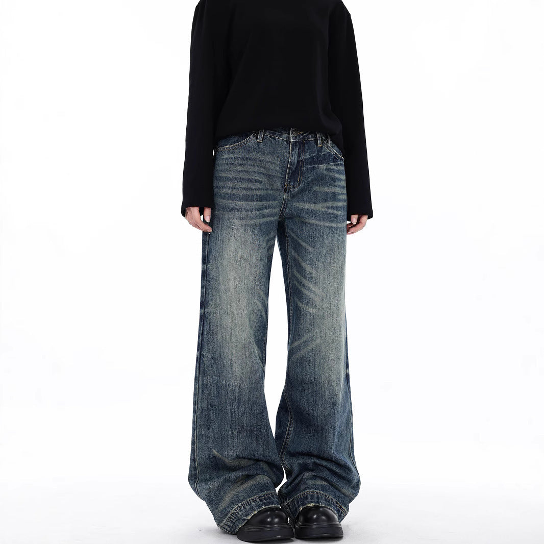 Men's Retro Blue High Waist Straight Cotton Jeans