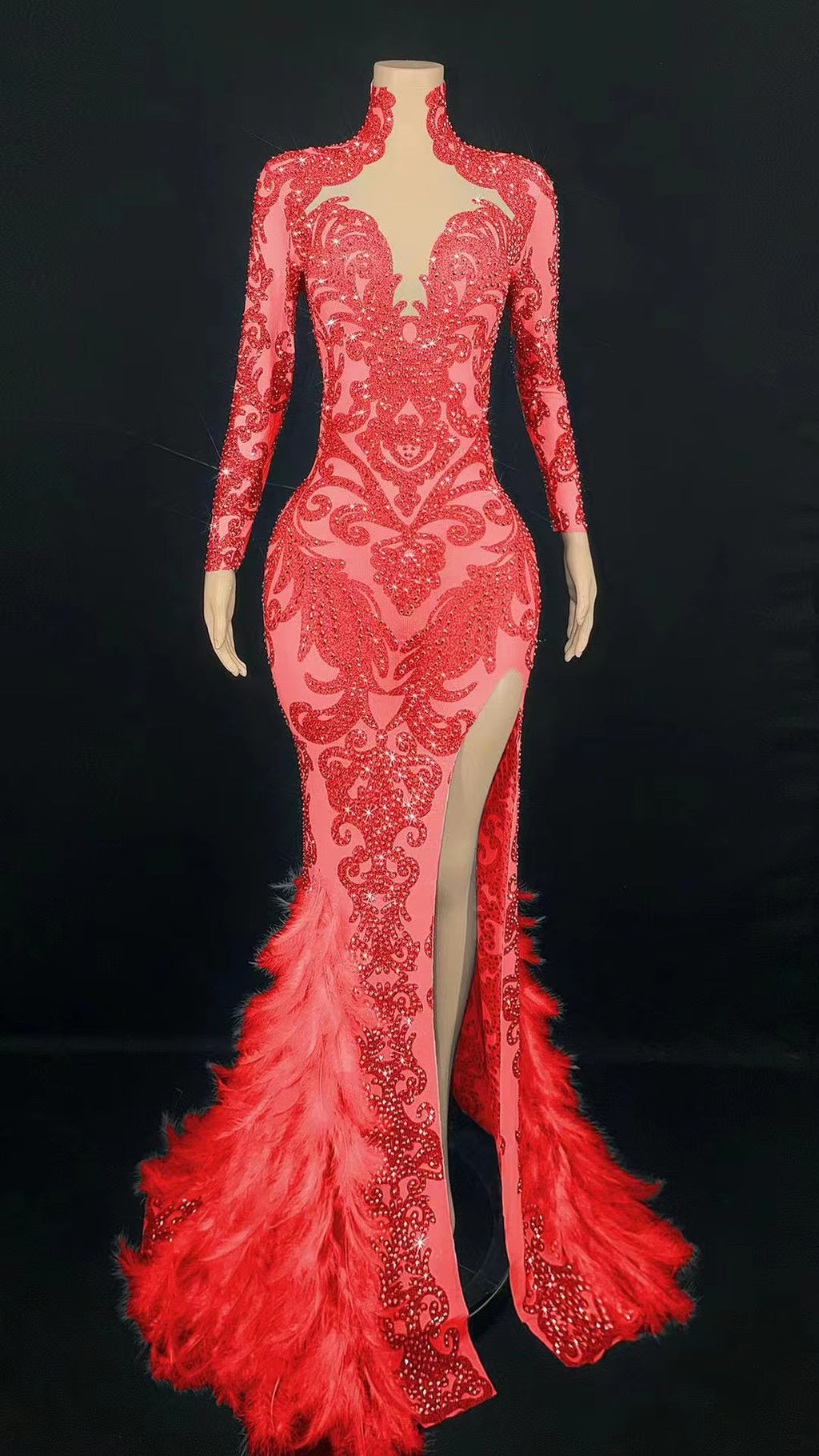 Women's Beaded Feather Long Tight Jumpsuit Dress