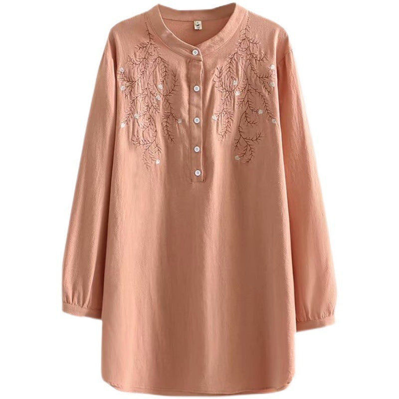Women's Loose Long-Sleeve Cotton Embroidered Stand-Collar Shirt