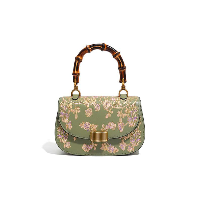 Cowhide Embroidered Bamboo Handle Ladies Handbag