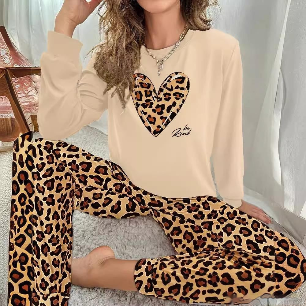 Apricot Wool Blend Printed Round Neck Long Sleeve Top & Pants Two-Piece Suit