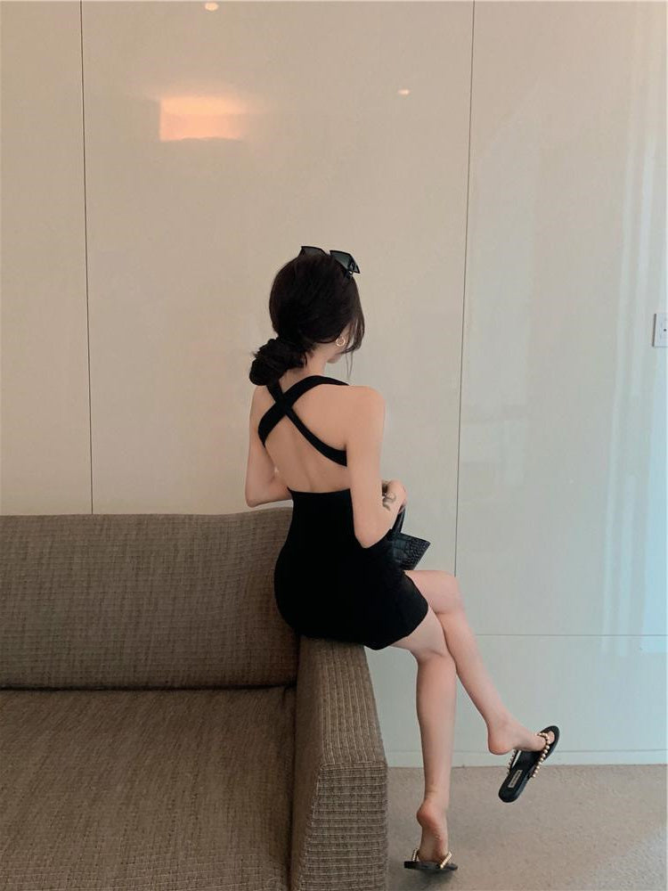 Cross Backless Halter Vest Skirt