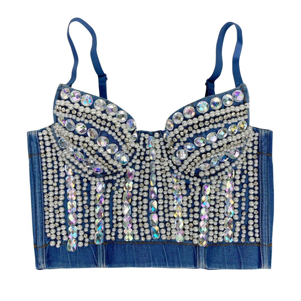 Heavy Industry Beads Diamond Shaping Breathable Fashion Denim Bra Vest