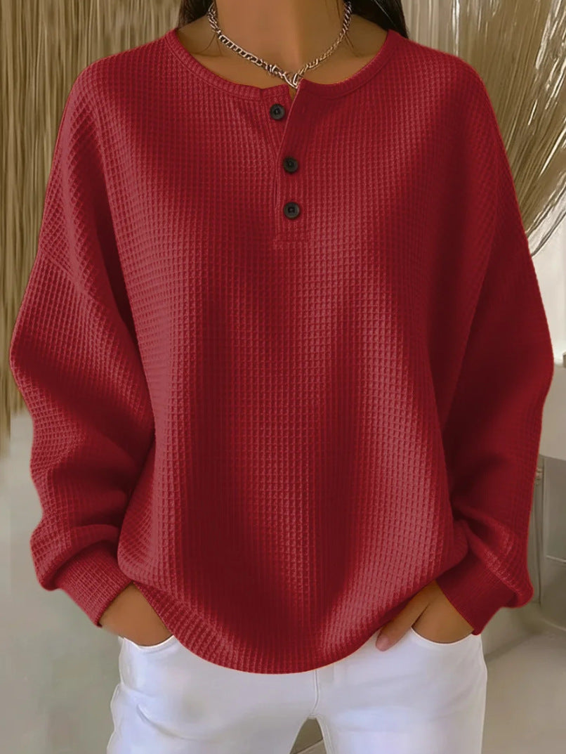 Haut pull à manches longues en tricot gaufré avec boutons, couleur unie, pour femme