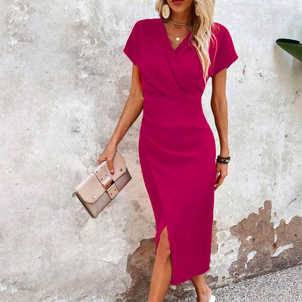 Slim-Fit Short-Sleeve V-Neck Summer Dress with Sexy Split