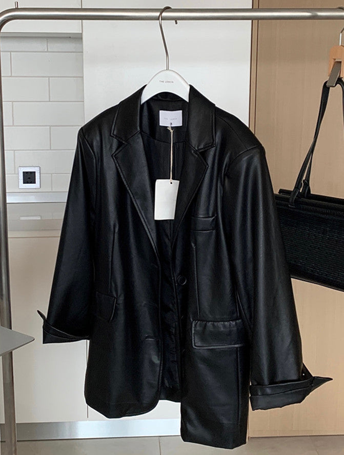 Black High Waist Bag Hip Slim Straight Leg Faux Leather Pants