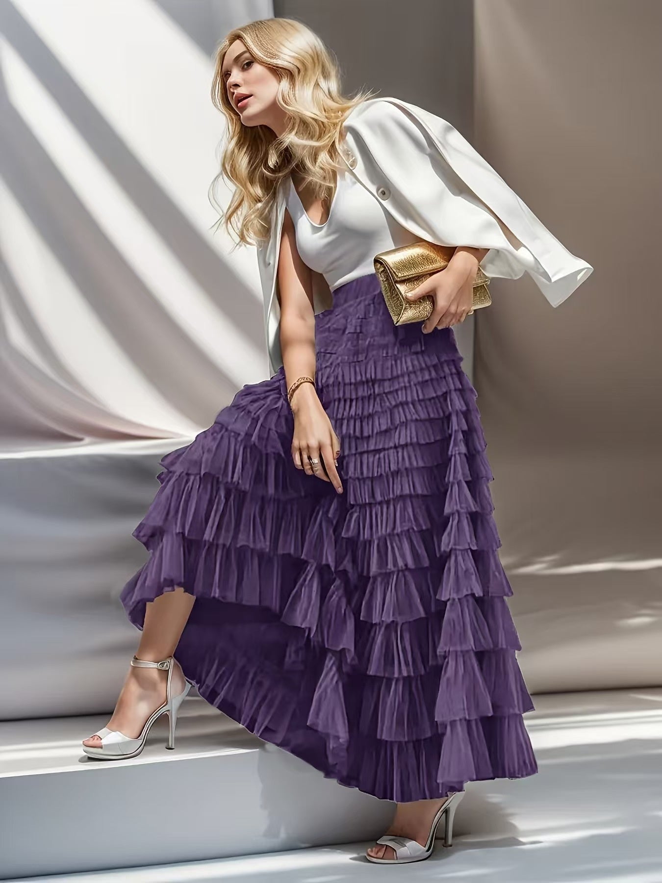 Layered Ruffles Mesh A-Line Swing Skirt Summer Party Dress for Women